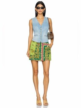 NWT MANGO Baroque Print Mini Skirt Lime Green Party Luxe Y2K Glam Festival  📐M